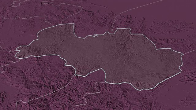 Al Bayda', governorate with its capital, zoomed and extruded on the administrative map of Yemen in the conformal Stereographic projection. Animation 3D