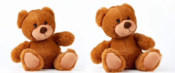 cute brown little vintage teddy bear sitting on a white background