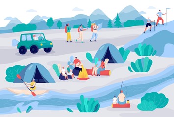 People camping and hiking in nature, vector illustration. Outdoor activity cartoon characters, tent camp near river, summer adventures. Trekking and backpacking in mountains, summer camp vacation