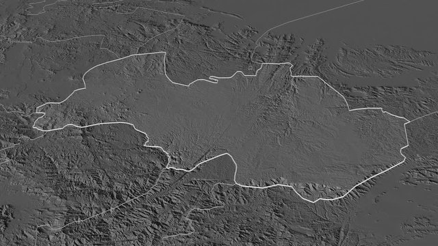 Al Bayda', governorate with its capital, zoomed and extruded on the bilevel map of Yemen in the conformal Stereographic projection. Animation 3D