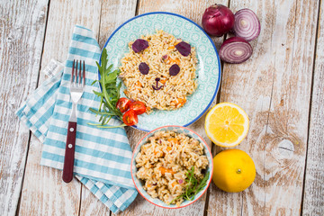 Fun food for kids. Rice with chicken and vegetables