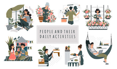 Everyday hobby activity cartoon people characters vector illustration. Leisure at home, pastime for men and women. People reading, painting, baking, gardening and playing. Set of everyday hobbies