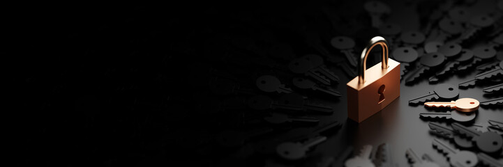 One padlock with infinite keys, metaphor of problems, solutions  and risk management; original 3d rendering