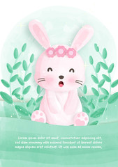 cute animal card with rabbit bunny in water color style. 