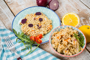 Fun food for kids. Rice with chicken and vegetables