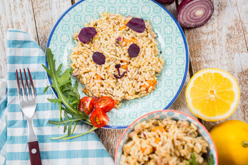 Fun food for kids. Rice with chicken and vegetables