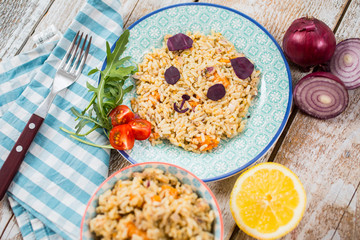 Fun food for kids. Rice with chicken and vegetables