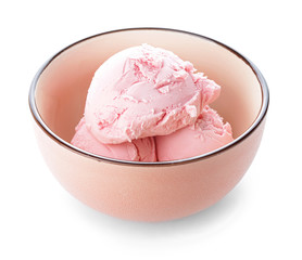 Tasty ice-cream in bowl on white background