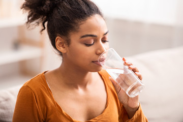 Young Black Lady Drinking Water Sitting On Couch At Home