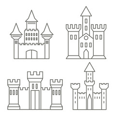 Medieval castles linear icons. Fortress, mansion. Vector graphics.