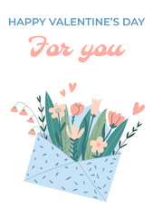 Postcard with flowers coming out from envelope. Card with envelope and flowers. For you written at the bottom of the postcard. Concept of Valentine's Day, love, relationship. Flat vector illustration
