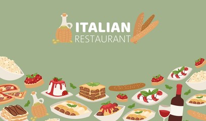 Italian restaurant food banner with pizza, lunch pasta, spaghetti and cheese, desserts and wine vector illustration. Italian cuisine restaurant poster.
