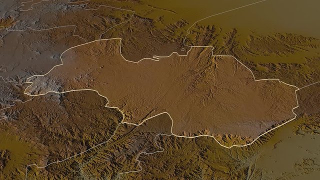 Al Bayda', governorate with its capital, zoomed and extruded on the relief map of Yemen in the conformal Stereographic projection. Animation 3D
