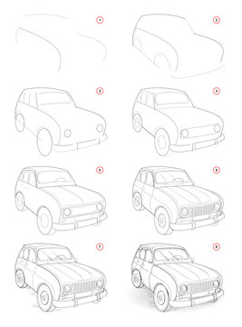How to draw step by step sketch of imaginary cute little car. Creation pencil drawing. Educational page for artists. Textbook for artistic skills. Hand-drawn vector by graphic tablet.