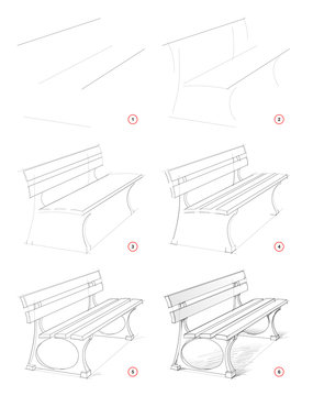 How to draw step by step sketch of imaginary bench in the park. Creation pencil drawing. Educational page for artists. Textbook for developing artistic skills. Hand-drawn vector by graphic tablet.