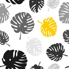 Fototapeta na wymiar Tile tropical vector pattern with exotic black, grey and yellow leaves on white background