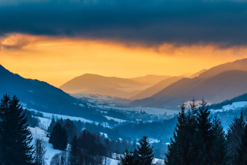 Winter mountain landscape at sunset. The Mala Fatra national park in Slovakia, Europe.