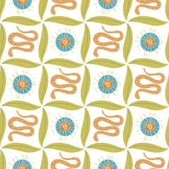 Vector Abstract Turquoise Blue Green Orange Gold Flowers with Leaves on White Background Seamless Repeat Pattern. Background for textiles, cards, manufacturing, wallpapers, print, gift wrap and