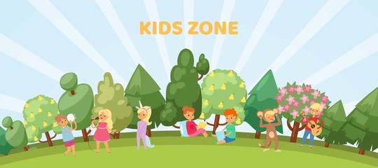 Kids zone banner, playroom or park playground outdoors vector illustration banner. Kid s zone theme with summer park and classes for children.