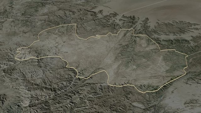 Al Bayda', governorate with its capital, zoomed and extruded on the satellite map of Yemen in the conformal Stereographic projection. Animation 3D
