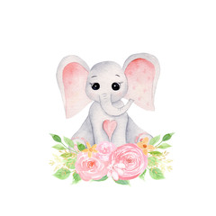 Baby elephant with pink flowers and green foliage hand drawn raster illustration