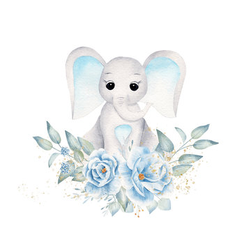 Baby Elephant With Blue Flowers And Leafage Hand Drawn Raster Illustration