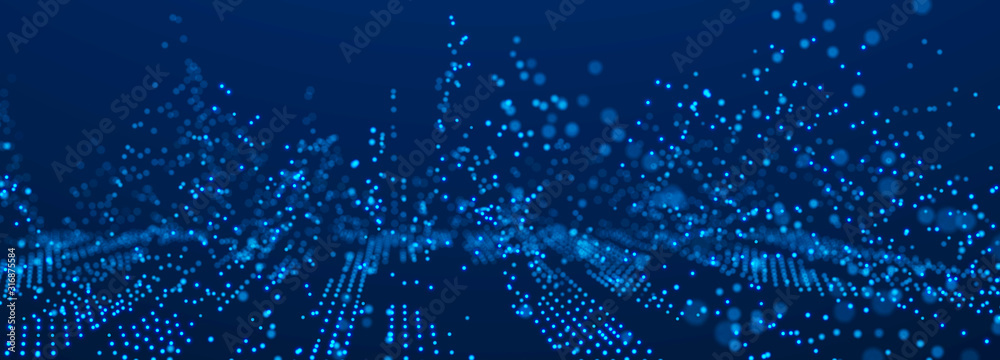 Poster Dynamic wave of glowing particles. Digital technology background. 3d rendering.