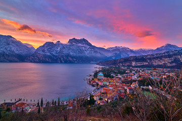 Beautiful Panorama of  Lake Garda in the winter time  at sunset, Lake Garda surrounded by...