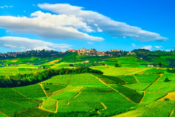 Langhe vineyards panorama and Diano d Alba, Piedmont, Italy Europe.