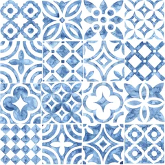Printed kitchen splashbacks Portugal ceramic tiles Seamless moroccan pattern. Square vintage tile. Blue and white watercolor ornament painted with paint on paper. Handmade. Print for textiles. Seth grunge texture.