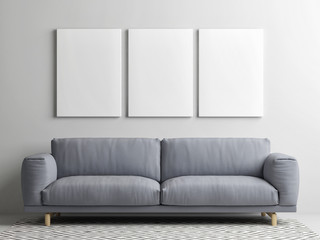 Mock up posters with grey sofa, minimalism background design, 3d render, 3d illustrate