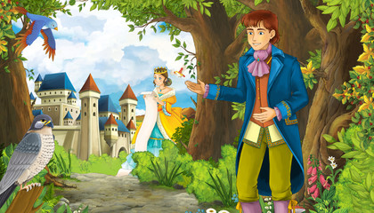 cartoon summer scene with meadow in the forest with beautiful princess girl