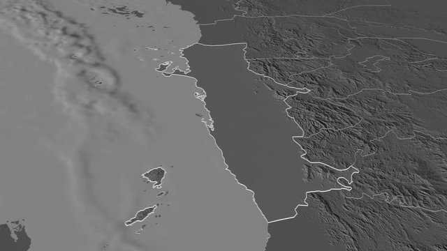 Al Hudaydah, governorate with its capital, zoomed and extruded on the bilevel map of Yemen in the conformal Stereographic projection. Animation 3D