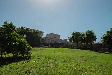 Tulum archaeological zone at noon in a sunny day