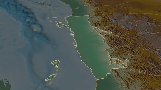 Al Hudaydah, governorate with its capital, zoomed and extruded on the relief map of Yemen in the conformal Stereographic projection. Animation 3D
