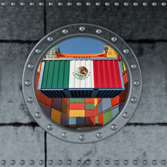 Looking through a ship Porthole. Container with Mexico flag being loaded. 3D Rendering
