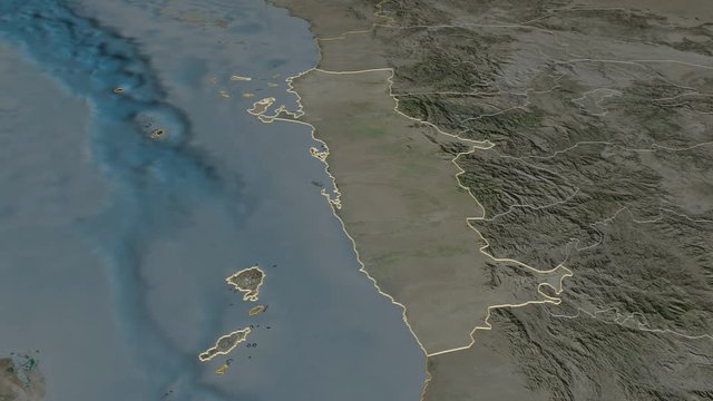 Al Hudaydah, governorate with its capital, zoomed and extruded on the satellite map of Yemen in the conformal Stereographic projection. Animation 3D