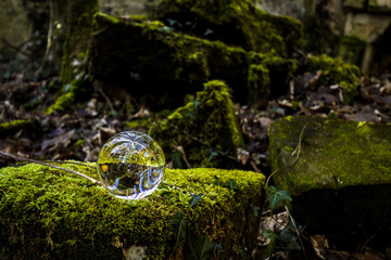 Boule de cristal en gros plan dans une forêt dans des ruines de pierres et de mousse - Voyance -...