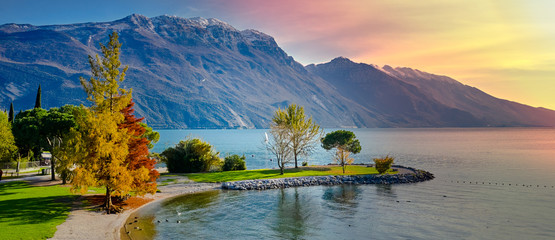 Panoramic view of the beautiful Lake Garda .Riva del Garda town and Garda lake in the autumn time , Trentino Alto Adige region,Italy