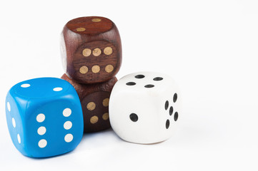 Colorful dices for board games isolated on the white background. Copy space.