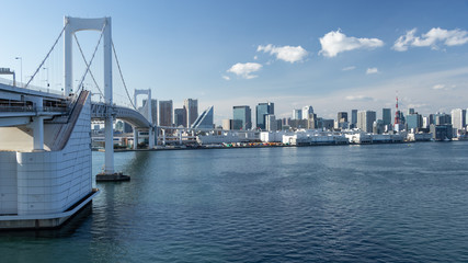 青空を背景にレインボーブリッジから見た東京湾岸のビル群