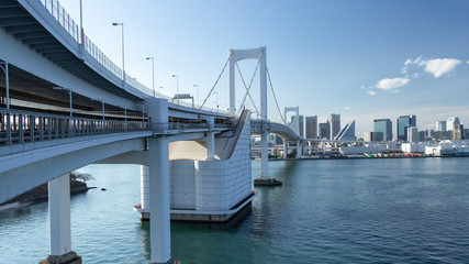 Fototapeta premium 青空を背景にレインボーブリッジから見た東京湾岸のビル群