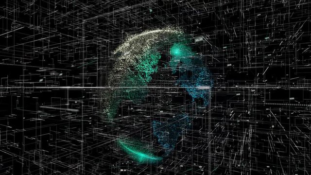 Business and stock market concept, silhouette of the Earth planet surrounded by numbers, diagrams, and connected lines. Animation. Abstract business news background.