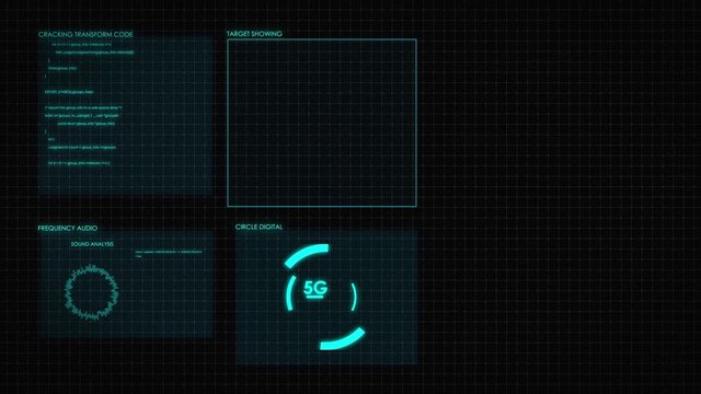 Digital HUD graphic of screen 2D. Futuristic user interface glow GUI digital text and number random element for cyber technology concept.Focus shallow depth of field dark and grain processed.Footage