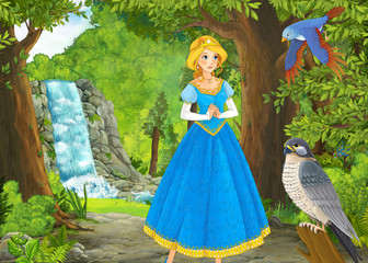 Plakat cartoon summer scene with meadow in the forest with beautiful princess girl
