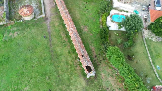 The world's largest granary, horreo in Carnota, Galicia, Spain. Aerial high angle shot