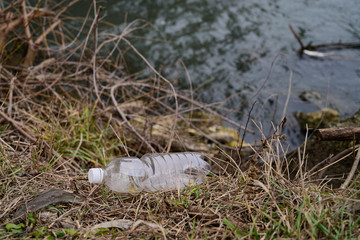 plastic bottle on the shore by the water