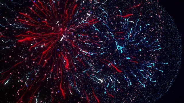 Lightning explosion, flashing light impulses on black background, seamless loop. Animation. Energy explosion, breathtaking spheres and particles.
