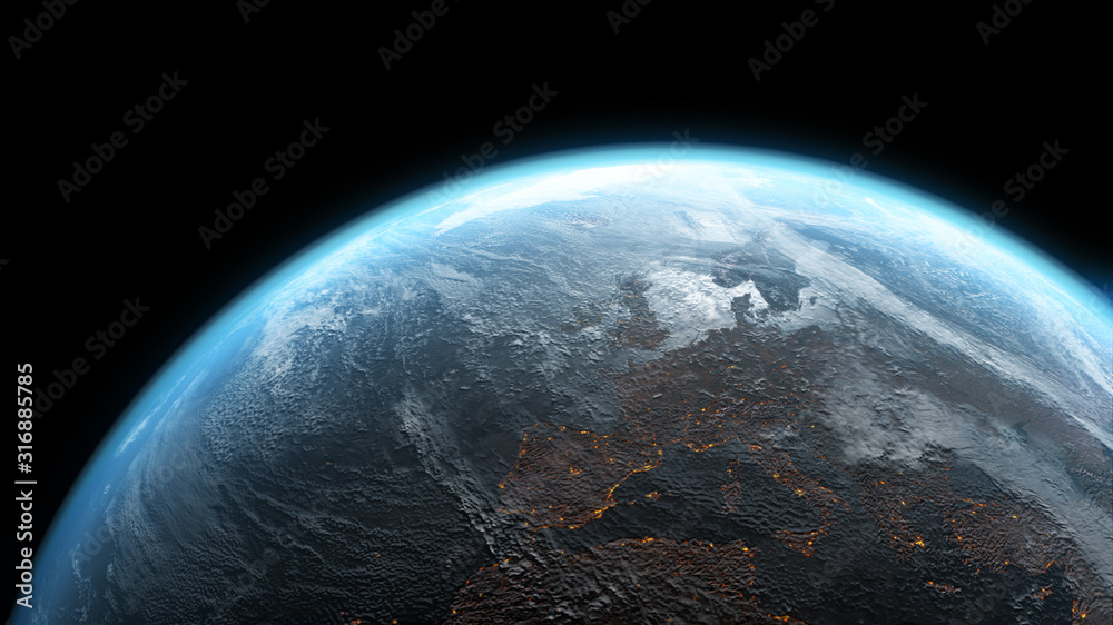 Wall mural 3d scene earth globe with atmosphere and clouds view from the space no stars with use nasa earth ima