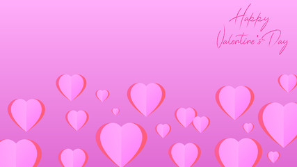 Pink heart love. Valentine's day gradient fabulous background. Falling stitched paper hearts. Cute vector illustration